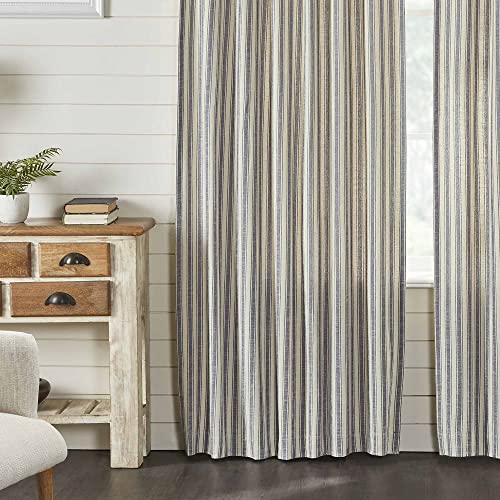 Market Place Blue Ticking Stripe Panel Curtains, Set Of 2, 84" Long, Farmhouse Style Blue & Natural Cream Window Drapes #TOP3