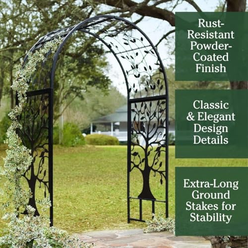 Image of Plow & Hearth Arch Metal Outdoor Garden Arbor | Tree of Life | 83 Inches Tall | Black | Steel Trellis Lattice for Plants & Heavy Vines | Wedding | Outdoor Patio Decor