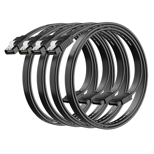 SATA Cable III 18 Inch (4-Pack), 7-Pin Straight Angle Connector, 6Gbps SATA Data Cord with Locking Latch, Compatible with HDD, SDD, CD Driver, CD Writer, Black Cable