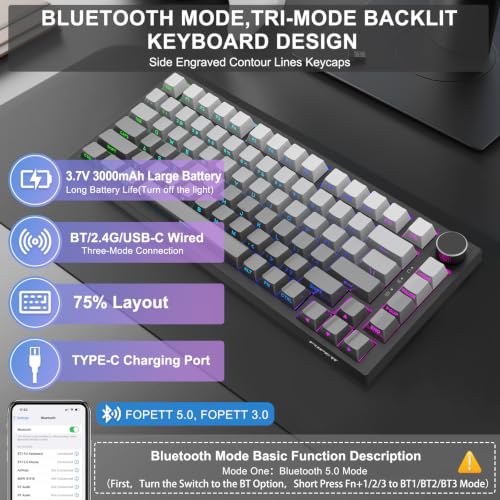 Image of FOPETT Wireless Mechanical Keyboard Rechargeable Adjustable Backlight Three Mode Wired /2.4G /Bluetooth Side Engraved for Laptop /Windows /PC - Gradient Grey Black