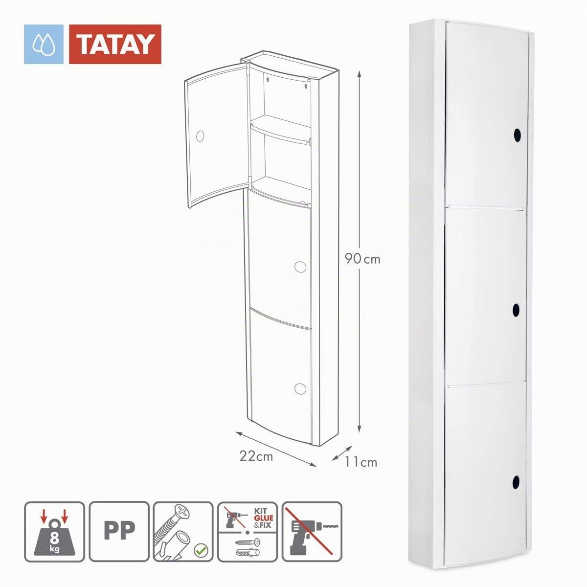 TATAY Placard Salle de Bain avec 3 Portes | Fixation avec ou sans Vis | Polypropylène | Vis Incluses | Facile à Nettoyer et à Monter | Charge jusqu'à 8 kg | Plastique Résistant | 22x11x90 cm - Blanc