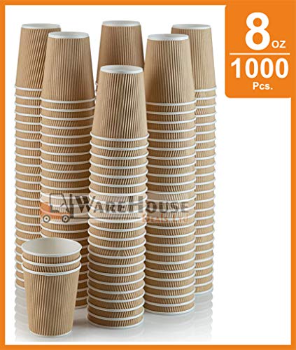 1000 X 8oz Disposable Kraft Paper Cups for Hot and Cold Drinks, Triple Walled Ripple Cups for Coffee, Tea and Other Drinks Hot and Cold Disposable Tableware