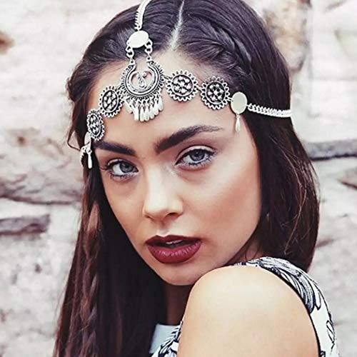 Uranian Silver Hair Chain Bohemia Headpiece Tassel Pendant Head Chian Halloween Christmas Headchains Bride Gypsy Head Scarf Hair Accessories Adjustable Head Jewelry for Women and Girls