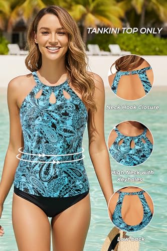 Image of Tempt Me High Neck Tankini Top Backless Bathing Suit for Women Key Hole Swimsuit Swim Top Only