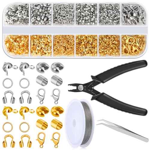 Acejoz 1200 Pcs Crimp Beads Supplies for Jewelry Making Including Crimp Covers Crimp Tubes and Wire Guardians Lobster Clasps Jump Rings Crimping Pliers and Beading Wire for Bracelets Making