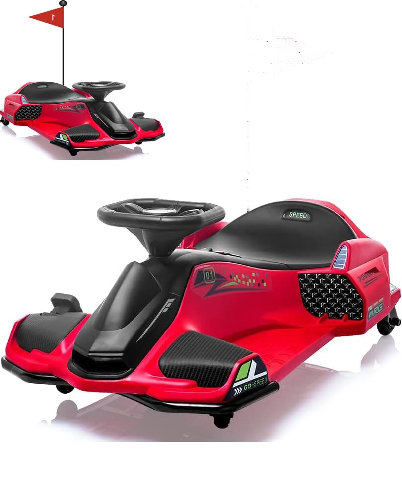 Drift Kart,24V Electric Go Kart for Kids 8+,7Ah Battery 180W Brushless Motor, with High/Low Speed Switch,Music,Front+Tail LED Light,Low-Power Alarm,5.5" Front Tire, for Riders up (red 12v)