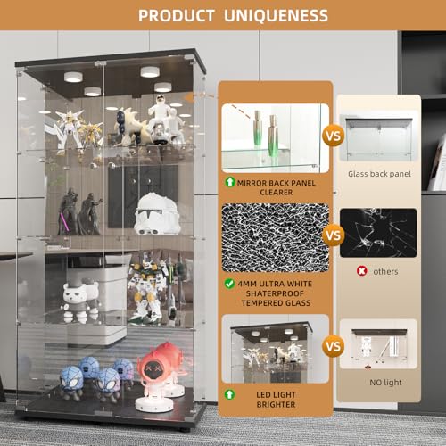 Image of Beauty4U Black Glass Display Cabinet with LED&Mirror, 4-Shelf Curio Cabinet