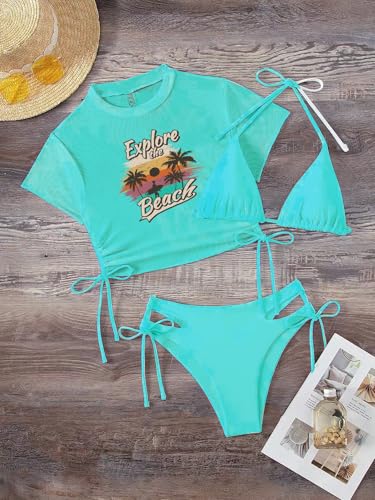 Image of Sexybody Women's 3 Piece Swimsuit Halter String Bikini Tie Side Mesh Short Sleeve Bathing Suits