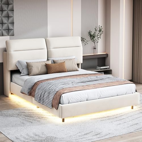 HYNHXBP Letto matrimoniale moderno con testiera regolabile e illuminazione LED, 140 x 200 cm, telaio in legno con meccanismo idraulico e spazio di archiviazione (Bianco, 140 x 200 cm)