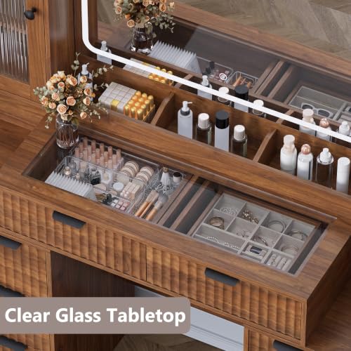 Image of 55 inch Makeup Vanity Desk with Mirror and Lights, Glass Top, Walnut