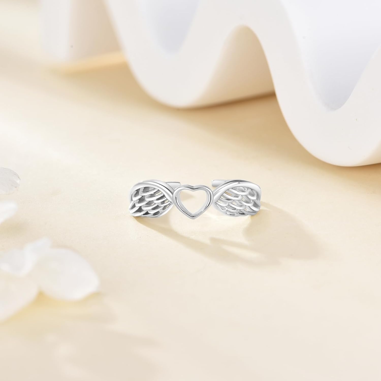 AOBOCO 925 Sterling Silver Ring Heart Angel Wings Ring Adjustable Heart Rings for Women - Image 3