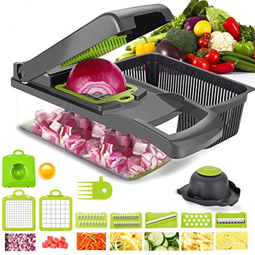 Onion ChopperVegetable Chopper Food Chopper with Large Container12 in 1 Adjustable Mandolin Slicer Multi-Blade for Food Salad Potato Veggie Fruit Chopper Cutter Grey