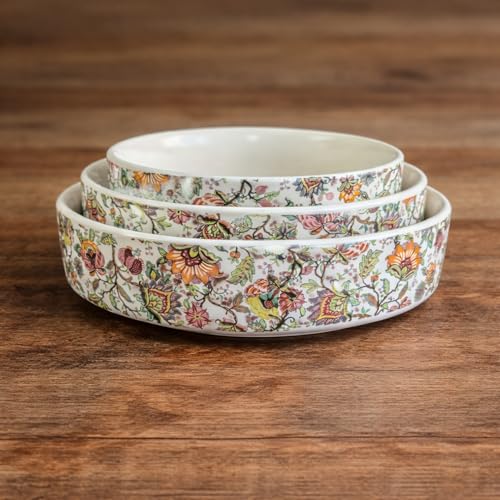 Image of Niyara Stoneware Handmade Ceramic Stylish Premium Serving Bowls /Salad Tray Microwave Dishwasher Safe (Heritage Floral Bowl Set of 3)