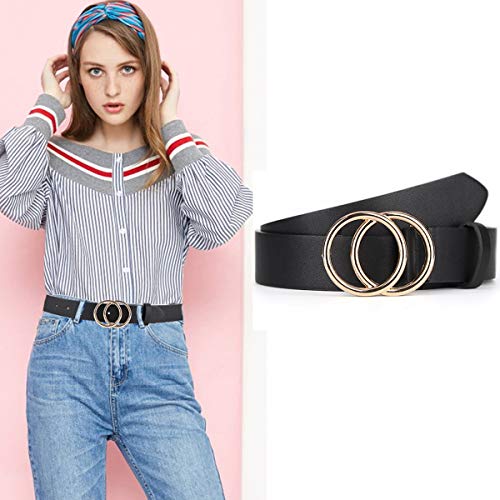UnFader Pack 2 Women Belts for Jeans with Fashion Double O-Ring Buckle and Faux Leather3