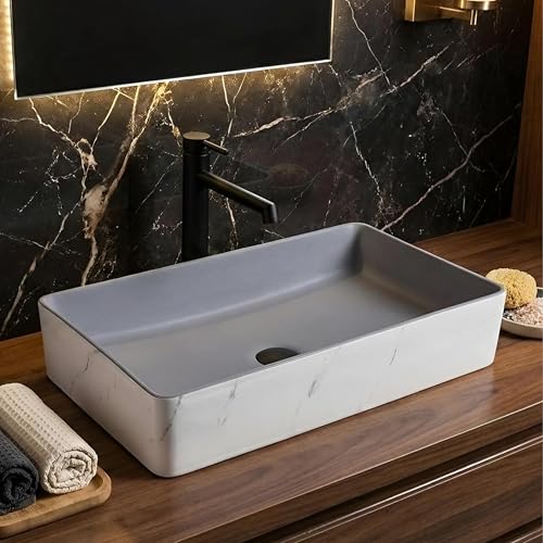 Image of BASSINO 24x14x5 Inches Ceramic Counter Top Wash Basin /1 Year Warranty /White & Grey Basin for Bathroom /Rectangular Shape Tabletop Washbasin for Restaurant /Dining Hall /Living Room /Home(Glossy)