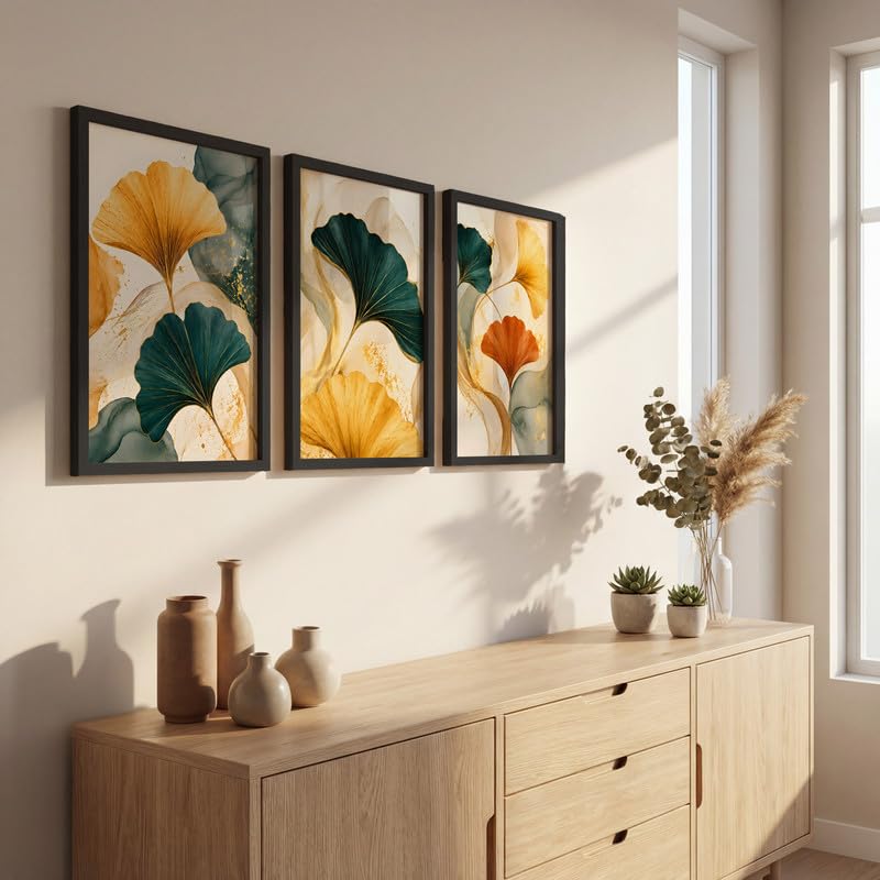 Image of NoWorries Abstract Ginkgo Leaf Wall Art Frames Set of 3 | Modern Botanical Look Paintings with Gold & Teal Leaves | Premium 300 GSM Prints in Synthetic Wooden Frames | Living Room, Bedroom, Office & Home Decor (BLACK, ART-16, 13X19INCHES)
