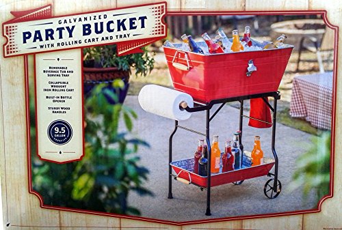 Galvanized Steel Party Beverage Bucket Tub 9.5 Gallon with Collapsible Wrought Iron Rolling Cart & Tray (Red)