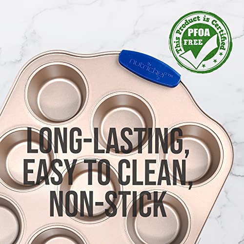 Image of Nutrichef 12 Cup Muffin Pan, Durable and Nonstick Carbon Steel Bake Pan with Silicone Handles, Kitchen Essential Cupcake Pan, Stain Resistant, Easy Clean, PFOA, PFOS, PTFE Free, 16.22'' x 10.43''