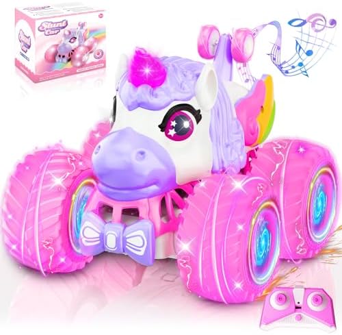 Remote Control Car for Girls, 360° Rotating Unicorn Monster Truck, 4WD RC Stunt Cars with Light and Music, 2.4 GHz, Rechargeable, Various Terrain Truck, Unicorn Toys, Christmas, Birthday Gift Age 3-10