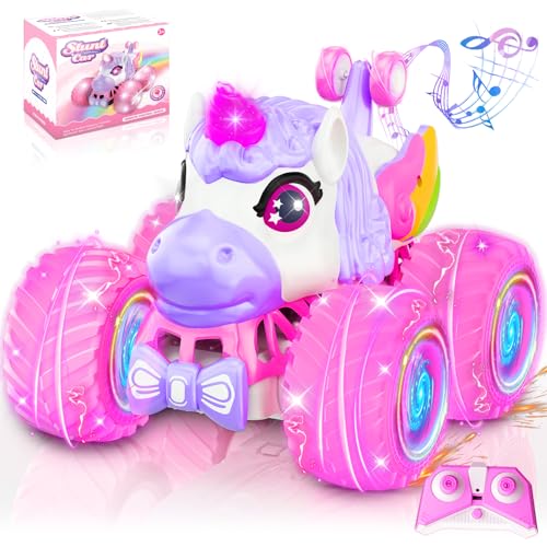 Remote Control Car for Girls, 360° Rotating, 4WD RC Stunt Cars, Unicorn Monster Truck Toys with Light and Music, 2.4 GHz, Rechargeable, Various Terrain Pink Car, Girl Christmas, Birthday Gift Age 3-10
