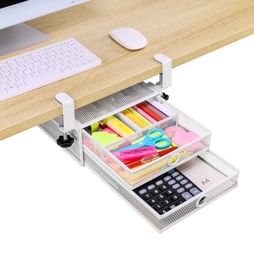 ROSLINE Under Desk & Desktop Drawer Organizer - 2-Tier Metal Slide Out Drawers Organizer, Storage for Home Office Desk (White)