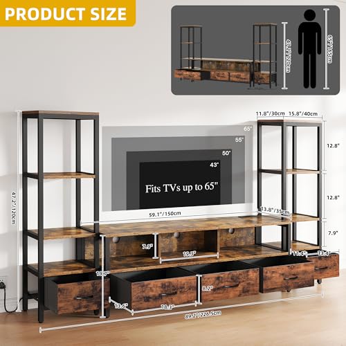 DWVO Entertainment Center with Bookshelves, LED TV Stand for 65/60 inch TV, Retro TV Stand for Living Room with 2 Industrial 4-Tier Bookshelves & Power Outlets,Rustic Brown