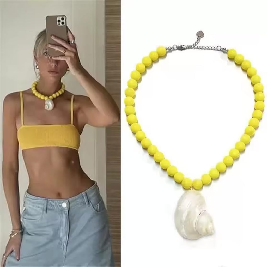 Handmade Sea Shell Glass Bead Necklace Beach Jewelry Piece Beaded Collarbone Chain Stylish Jewellery