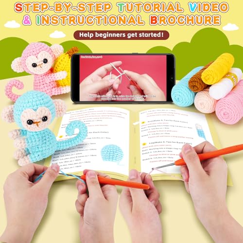 Image of Fortuning's JDS Crochet Kit for Beginners - 2 PCS Monkey with Banana Crochet Kits with Step-by-Step Video Tutorials, Beginner Crochet Kit for Adults, Crochet Monkey Kit (Blue & Pink)