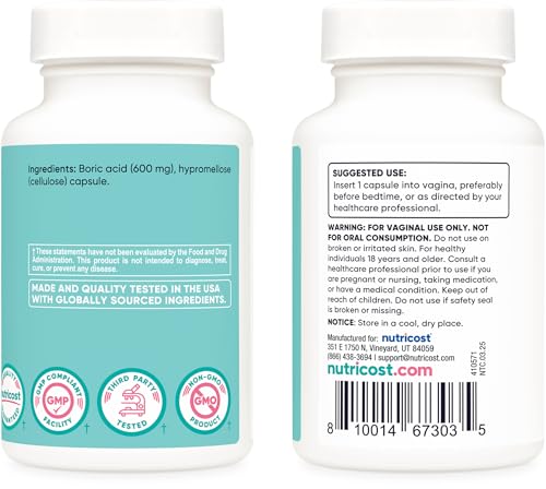 Image of Nutricost Boric Acid 600mg, 30 Capsules - Vaginal Suppository - Non-GMO - for Women (Pack of 3)