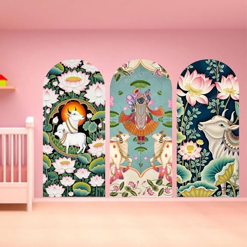 Image of Radha Krishna Wall Poster 3 Panel Set with Cow & Lotus Design | Traditional Arch Shape Wall Decor | Waterproof Self Adhesive PVC Wall Decal for Home Temple Living Room