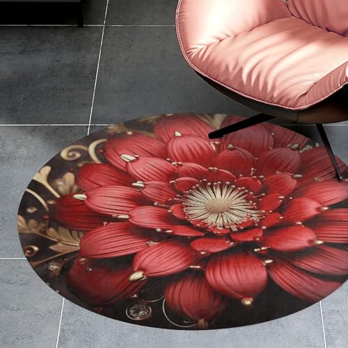 Alfombra redonda de terciopelo coral con flores rojas para puerta 3