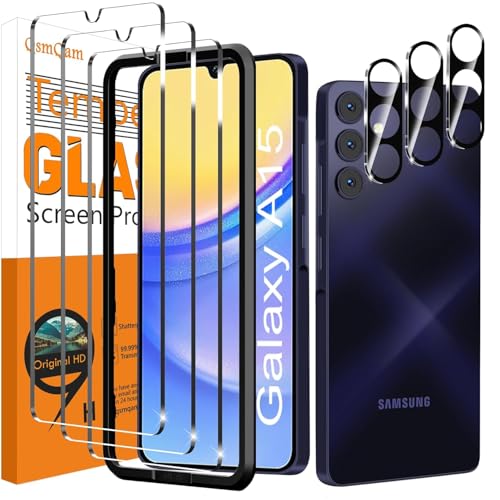 QsmQam 3 Stück Panzer Schutz Glas für Samsung Galaxy A15 4G / 5G und 3 Stück Kameraschutz 9H Härte Panzer folie Schutzfolie HD Displayschutz Folie Anti-Kratzer Bläschenfrei