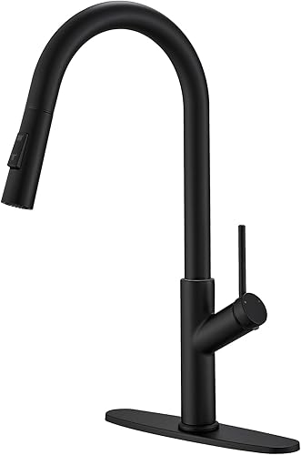 BWE Grifos de cocina con rociador desplegable de 2 funciones de arco alto negro mate grifo de fregadero de cocina de latón de una sola manija con