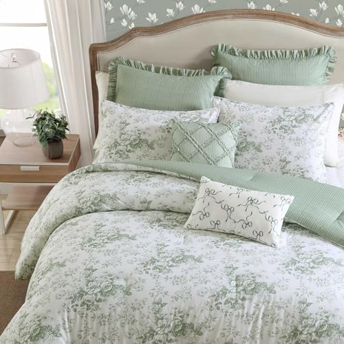 Image of Laura Ashley - Twin Comforter Set, Cotton Floral Bedding with Matching Sham & Bonus Decorative Pillow Covers, Oeko-Tex Certified, Dorm Essentials (Toile Delight Green)