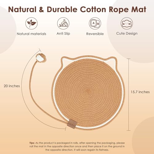 Image of Natural Cotton Rope Scratch Pad, 15.7'' Round Horizontal Floor Scratching Mat for Indoor Cats, Furniture Protector for Wall, Couch, Carpets, Sofas