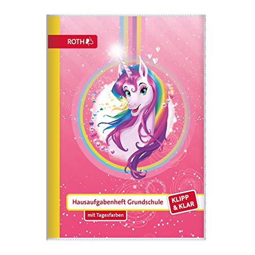 ROTH Klipp&Klar Grundschul-Aufgabenheft mit Tagesfarben, A5, 1 Woche 2 Seiten, Einhornportrait