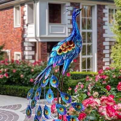 Kircust Peacock Garden Statue and Sculpture, Metal Peacock Yard Art Decor, Standing Bird Outdoor Sculptures for Patio Backyard Lawn Home Decoration