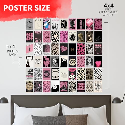 Image of VEENSHI Paper Pack of 54 Aesthetic Black & Pink Retro Wall Collage Kit, Vintage Aesthetic Room Decor | 300GSM