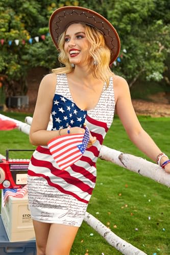 Image of For G and PL Women 4th of July American Flag Tank Dress Deep V Neck Stars Stripe Mini Patriotic Sleeveless Sundress