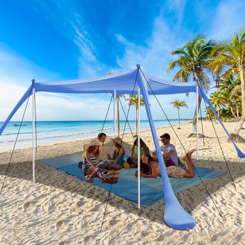 Strandzelt UV Schutz riggoo Sonnenzelt Sonnensegel Strand Zelt 3 × 3m Komfort Outdoor-Schatten für Campingausflüge, Angeln, Hinterhofspaß oder Picknicks (Blau)