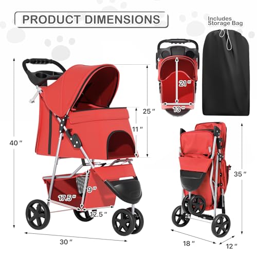 Image of MoNiBloom 3 Wheels Pet Stroller, Foldable Puppy Cage Jogger Stroller with Weather Cover for All-Season, Storage Basket and Cup Holder, Breathable and Visible Mesh for Small /Medium Pets, Red