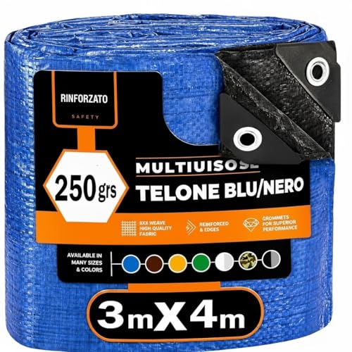 Telo Impermeabile Esterno, Telo Copritutto, Campeggio, Teli Impermeabili Per Esterno, Telo Occhiellato Antistrappo, Coperture Polietilene Multiuso, Telone impermeabile per esterno (3m x 4m 250grs)