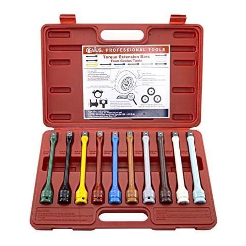 Genius Tools TO-410EXT - 10 Piece 1/2" Drive Torque Extension Bar Set, Color-Coded, 60 ft.lbs.~150 ft. lbs. Cover