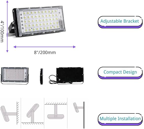 Miniatura 4 de Paquete de 2 luces negras para exteriores para fiesta brillante, espacio grande de 50 W, luz UV de 405 nm, impermeable, IP65 para decoración de