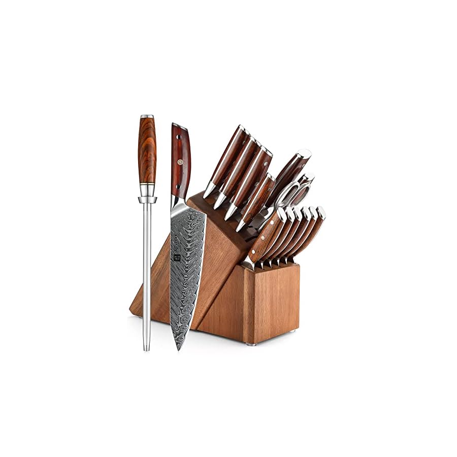 XINZUO-Damascus-15-pc-Kitchen-Knife-Set-with-Acacia-Wood-Knife-Block-67-Layers-Damascus-Steel-Sharp-Professional-Cooking-Knife-Set-Multifunctional-Kitchen-Shears-and-Honing-Steel-Rosewood-Handle XINZUO Damascus 15-pc Kitchen Knife Set with Acacia Wood Knife Block, 67 Layers Damascus Steel Sharp Professional Cooking Knife Set -Multifunctional Kitchen Shears and Honing Steel -Rosewood Handle