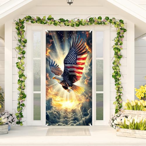 Image of 4th of July Door Banner Cover - Decorative Decorations with Patriotic USA Bald Eagle - Independence Day Holiday Outdoor Party Supplies Accessories Decors - 72.8 x 35.4 Inch