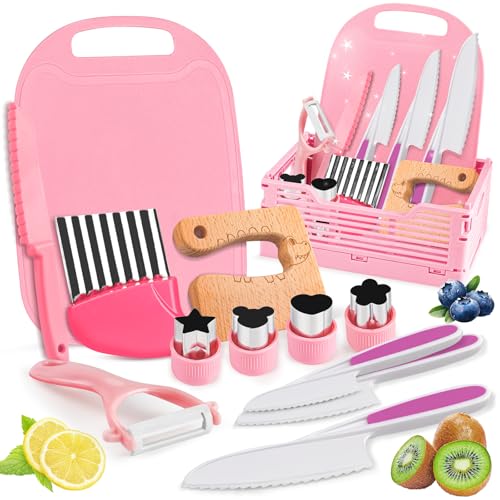 Kids Knife Set-13pcs Kitchen Knife for Toddler with Foldable Storage Box, Montessori Knife Set Toys for Boys & Gilrs 3 4 5 6+Years-Pink