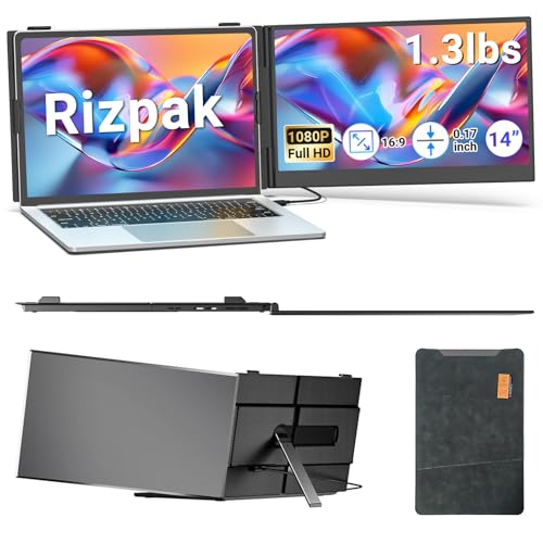 Rizpak Laptop Screen Extender, 14” FHD 1080P Portable Monitor for Laptop, 1.3lbs Ultra-Light Dual Monitor, USB-C Plug & Play Travel Monitor Extender for 13”-17” Windows/Mac/Android/Chrome
