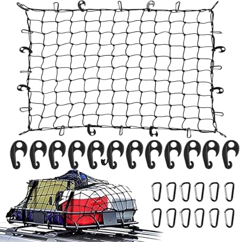 TerraShine カーゴネット 90*120cm ラゲッジネット ルーフキャリアネット カーゴネット 伸縮性 高弾性 荷崩れ防止 荷物固定 D型カラビナ12個 ABSフック12個 トランク荷台用 車用 トラック SUV 汎用