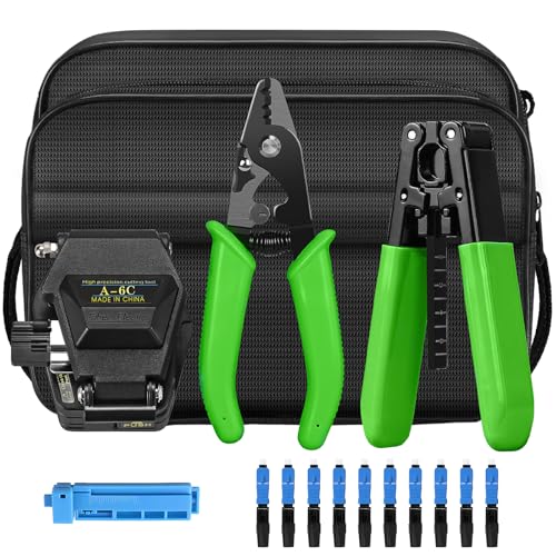 6-in-1 Fiber optic tool kit with high-precision A-6C Optical Fiber Cleaver and Multi functional three port Fiber optic stripping pliers, well as 10pcs SCUPC Fiber optic quick connector